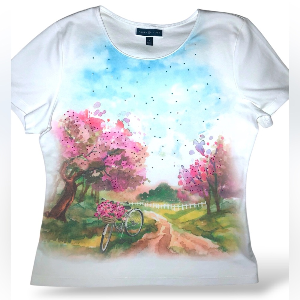 Karen Scott BNWOT RHINESTONES & Lovely Scenery Tee!🌸🩵